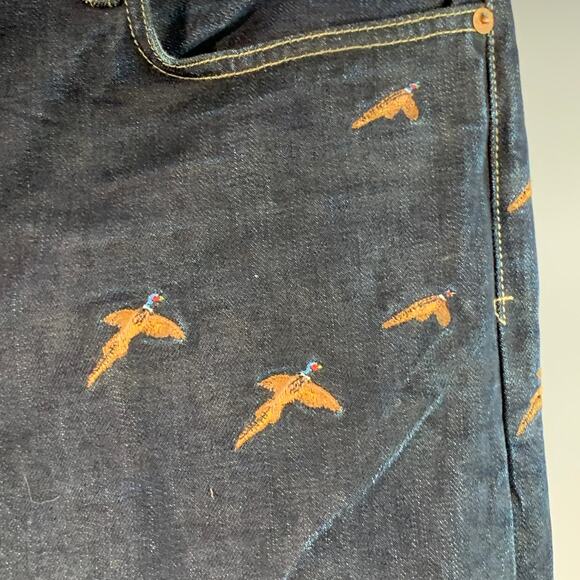 36 Indigo Cotton Selvedge Twill Straight Embroidered Birds Jeans - Picture 2 of 10